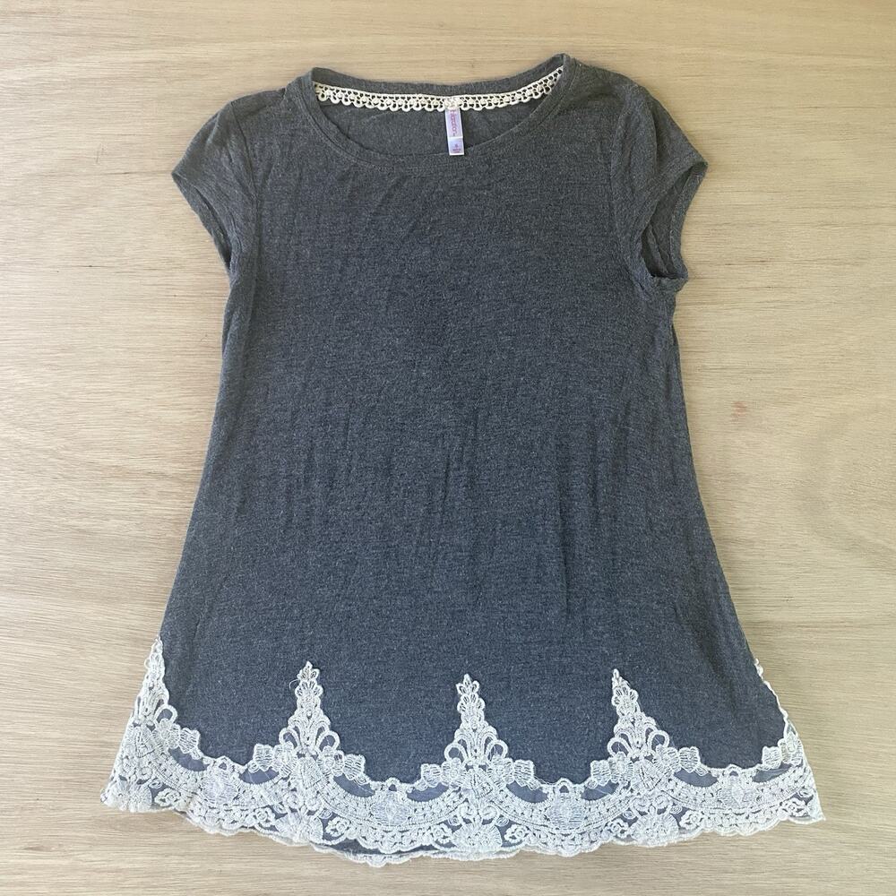 Women's Charcoal Gray Tunic Top with Off White Lace Trim Size Small